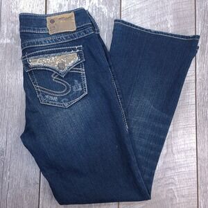 Silver Jeans Suki Surplus Women 28x29 Blue Distressed Sequin Flap Bootcut Jeans